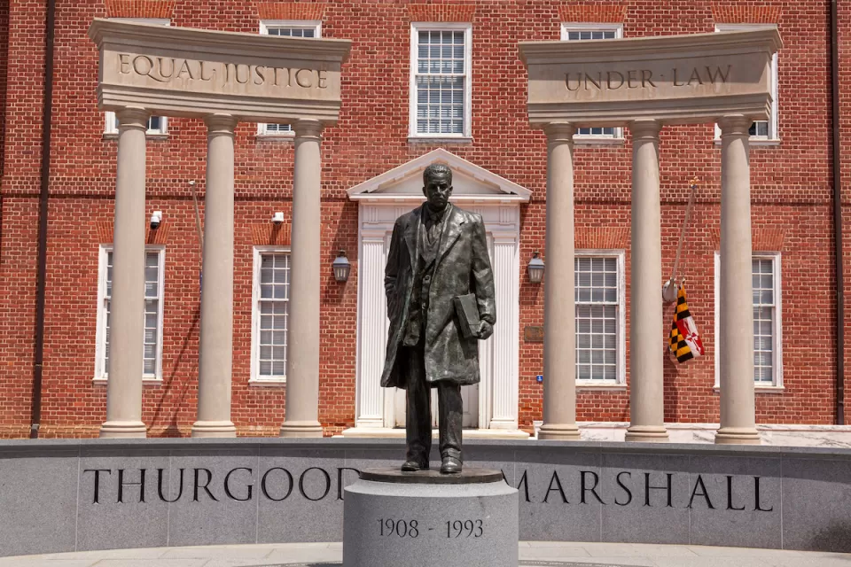 A statue of Thurgood Marshall in the lawyers mall in front of Maryland General Assembly and the Supreme Court.